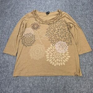 Trilogy by Morning Sun Floral Ruffle ‎ T-Shirt Women's Size XL Tan Rhinestones